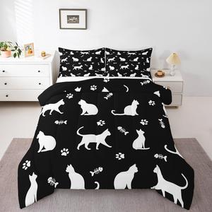 Erosebridal Комплект постельного белья White Cat с мультяшными котиками и принтом лапок, легкий, Black White