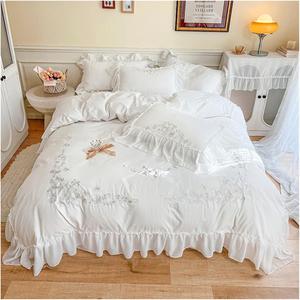 Generic Комплект постельного белья из хлопка с цветочной вышивкой, кружевом и рюшами White