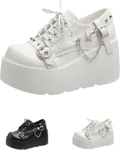 Женские туфли в стиле Visual Kei, гранж, панк, готика на платформе - металлическая пряжка и цепочка, дышащая подкладка, противоскользящая подошва, повседневные туфли на клиновидном каблуке. TAURAOO, White
