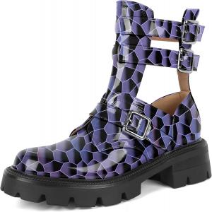 Женские ботильоны SAMMITOP с низким каблуком и рифленой подошвой, модные ботинки с круглым носком и вырезами, боевые ботинки с металлической пряжкой, готические ботильоны на 2 дюйма, Shiny Purple