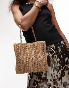 Сумка через плечо из рафии Mango с металлическими кольцами в светло-бежевом цвете