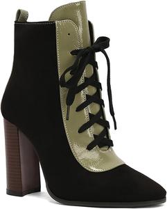 Женские ботинки на шнуровке Alyaafifa с высокими каблуками, закругленным носком и молнией, 4-дюймовый массивный каблук, замшевая кожа, элегантные короткие ботильоны для вечеринок и мероприятий, Green - Lace Up