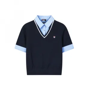 FILA Heritage Knitwear Women's Smoke Blue Lapel Moderate Mock Two Piece