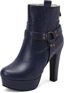 Женские ботильоны на платформе с каблуком, круглым носком и пряжкой Renessmi, Blue 5