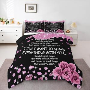 Erosebridal Комплект постельного белья Valentine's Day с романтическими надписями, розово-черный с розами и стразами в виде сердец, Black Pink