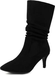 Женские замшевые ботильоны на шпильке с зауженным носком, сборкой и строчкой до середины голени YUHATRG, Black