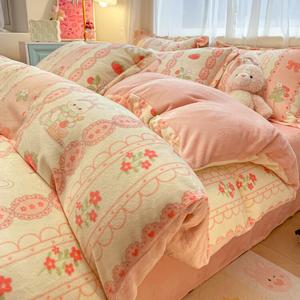 Disney Комплект зимнего постельного белья из молочного вельвета (пододеяльник 150х200 см, простыня, наволочка, одеяло 2 кг), двусторонний флис, дизайн с кружевом и кроликом