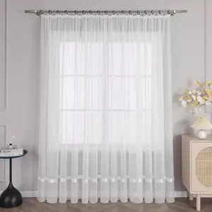 Штора с присборенной лентой, вуалевая штора с лентой, для спальни, гостиной, прозрачная, однотонная белая, В x Ш 145 x 450 см, 1 шт. Joyswahl