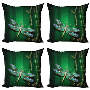 ABAKUHAUS Набор чехлов для подушек со стрекозой (4 предмета), яркий драгоценный камень, современная двусторонняя цифровая печать, 60 см x 60 см, многоцветный изумруд