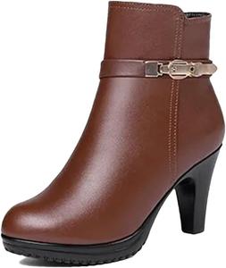 Женские ботильоны Niiyyjj из натуральной кожи с шерстяной подкладкой, зимние ботинки для снега, тонкие высокие каблуки, боевые ботинки с молнией, Brown Fleece