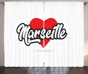 Шторы ABAKUHAUS France Rustic, Marseille Text on Heart Art, универсальные ленточные шторы для гостиной с петлями и крючками, 280 x 225 см, цвет: белый, алый и темно-серый Abakuhaus