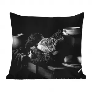 Подушка для улицы - Натюрморт - Капуста - Черный - Белый - 40x40 см - Водонепроницаемая - Подушка для отдыха - Подушка - Внутренняя обивка с изображением MuchoWow