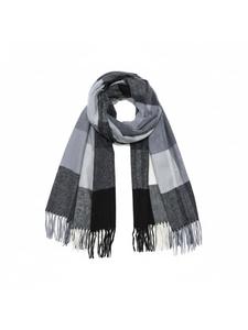 Мягкий вязаный шарф с бахромой и геометрическим узором черного цвета. Faera