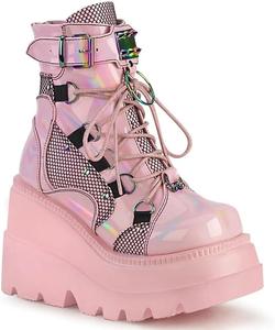 Женские готические ботильоны UniqueStride с клиновидной платформой, массивным каблуком, панк-дизайном, шнуровкой, пряжками, заклепками и мотоциклетным стилем, Pink