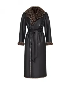 Двустороннее пальто из искусственной овчины с анималистическим принтом. Cesare Gaspari, черный