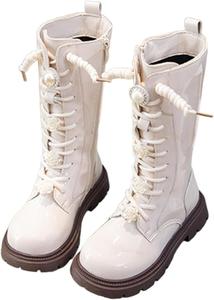 Generic Белые кожаные сапоги из ПУ для девочек: модные зимние теплые ботильоны на шнуровке с бантом, боковая молния, средняя высота, водонепроницаемые осенние ботинки