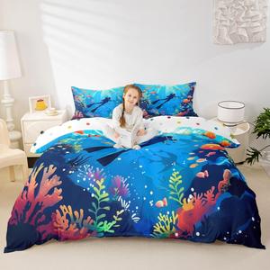 Erosebridal Комплект постельного белья Ocean Beach с принтом подводных существ и водорослей, Sea Blue Yellow