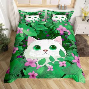 Erosebridal Комплект постельного белья Kawaii White Cat с милыми котиками и фиолетовыми цветами, Green Purple