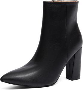 Jiewmqci Женские классические ботильоны черного цвета из синтетической кожи, каблук 4 дюйма квадратной формы, боковая молния, зауженный носок, противоскользящая подошва, теплые и удобные ботильоны на высоком каблуке с заостренным носком