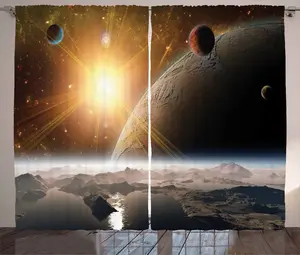 Штора ABAKUHAUS Galaxy Rustic, Луна-Вселенная-Земля, универсальная ленточная штора для гостиной с петлями и крючками, 280 x 245 см, желто-белый-коричневый Abakuhaus