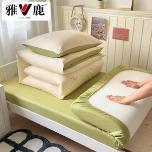 Yalu Комплект постельного белья 0.9 м, 3 предмета: простыня на резинке, пододеяльник, наволочка + одеяло 2 кг + матрас + наполнитель для подушки, цвет бежевый + травянисто-зеленый, 100% хлопок