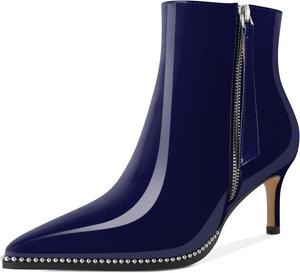 Younton Женские сапоги с низким каблуком, заостренный носок с бусинами, короткие сапоги, молния, каблук-кошечка, 6,3 см