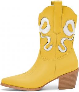 WINDBXYB Женские ковбойские ботинки с белыми бантиками, вышитые ботильоны в стиле ковбой, модные, с заостренным носком миндальной формы, массивным каблуком, короткие