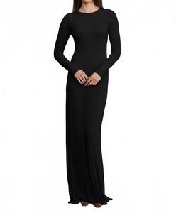 Платье из шелкового рубчика с длинными рукавами и круглым вырезом, струящееся, черного цвета Enza Costa, черный