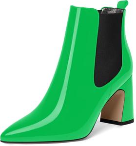 Женские повседневные деловые теплые ботильоны MODENCOCO с заостренным носком, лакированные, на эластичном блочном каблуке высотой 3,3 дюйма, Black/Green