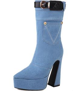 Женские джинсовые ботильоны на платформе с пряжкой в ковбойском стиле, заостренным носом, высокими массивными каблуками, заклепками и вышивкой YUHATRG, Ligh Blue