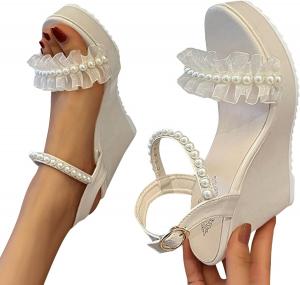 Женские сандалии ZBYY с открытым носком, ремешком на щиколотке, летние на платформе с пряжкой, жемчуг, плоская пляжная танкетка, 10 White