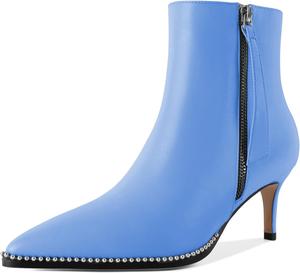 Younton Женские сапоги с низким каблуком, заостренный носок с бусинами, короткие сапоги, молния, каблук-кошечка, 6,3 см