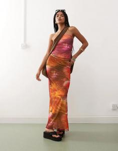 Юбка макси из сетки Monki с розовым и оранжевым тропическим цветочным принтом — часть комплекта