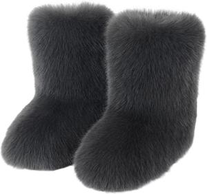 Женские зимние ботинки с искусственным мехом, теплые пушистые ботинки средней длины, мягкие ботинки с меховой подкладкой и плоской подошвой, удобные уличные замшевые меховые ботинки Generic, Dark Gray
