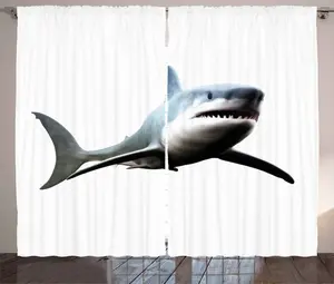 Штора ABAKUHAUS Акула в деревенском стиле, рисунок Дикое морское существо, универсальная тесьма для гостиной с петлями и крючками, 280 x 245 см, цвет: синий, серый, белый, серый Abakuhaus