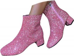 Женские ковбойские сапоги с квадратным носком, широкие голенища, блестящие со стразами, ботильоны на блочном массивном каблуке с пайетками, зимние ботильоны 2025 Generic, Pink