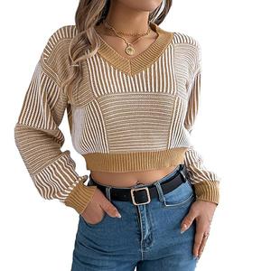 Женский полосатый свитер с буфами на рукавах, укороченный пуловер на резинке Clearflower, Khaki