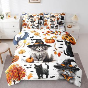 Erosebridal Комплект постельного белья Halloween Black Cat с ведьмовскими котами, летучими мышами, тыквами и осенними листьями, White Orange Black