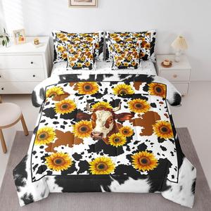 Erosebridal Комплект постельного белья 7Pcs Funny Cowhide с веселым принтом коров и подсолнухов, Black Yellow White
