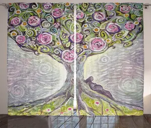 Штора ABAKUHAUS Дерево жизни в деревенском стиле, акварельные цветы, универсальная ленточная штора для гостиной с петлями и крючками, 280 x 225 см, цвет: фиолетовый, розовый, зеленый Abakuhaus