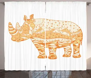Штора ABAKUHAUS Носорог в деревенском стиле, мотив Африка, зентангл, универсальные ленточные шторы для гостиной с петлями и крючками, 280 x 225 см, бледно-оранжевый и оранжевый Abakuhaus