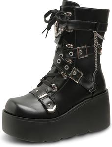 TAURAOO Ботинки Women's Gothic Punk Platform Ankle Boots, Visual Kei Grunge Style with Metal Buckles Chains Skull Decor, Wedge Heel Round Toe Multi Buckles Comfortable Trendy Fashion