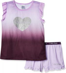 Комплект пижамы для девочек Calvin Klein из двух предметов: футболка и шорты, Logo Purple/Lilac Mini Stripe