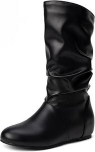 Женские удобные ботинки на низком клиновидном каблуке, с круглым носком, средние по голенищу, короткие ботильоны, ботинки для ходьбы, широкий размер, низкие ботинки на клиновидном каблуке, повседневные ботинки, без застежки ISPDDELR, Black