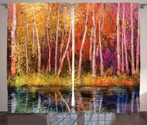 Шторы ABAKUHAUS Деревенский лес, Осенние деревья у озера, универсальные ленточные шторы для гостиной с петлями и крючками, 280 x 245 см, цвет Сиреневый Гринк Abakuhaus