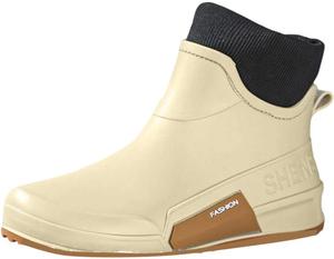 Fashionable Women's Short Ankle Rain Boots Slip On Rubber Footwear for Outdoor Versatile All Weather Generic, Beige