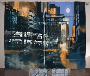 Шторы в стиле футуристичный рустик от ABAKUHAUS, cyberCityImage, шторы из тесьмы для спальни со сборками, петлями и крючками, 280 x 245 см, цвет: черный, оранжевый, синий Abakuhaus