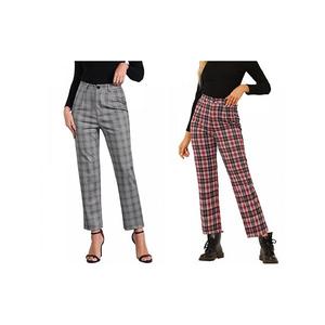 2 пары женских повседневных брюк в клетку на резинке с высокой талией Inspire Chic, Red Grey Black