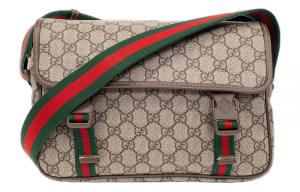 Сумка через плечо из холста с кожаной окантовкой мужская бежевая и черная GUCCI