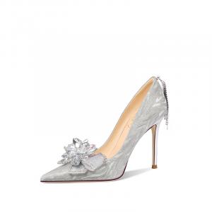Туфельки для свадьбы и церемонии совершеннолетия в сказочном стиле с бантом и кристаллами на тонком каблуке 10 см серебристые LOLY "Сияющая звезда"